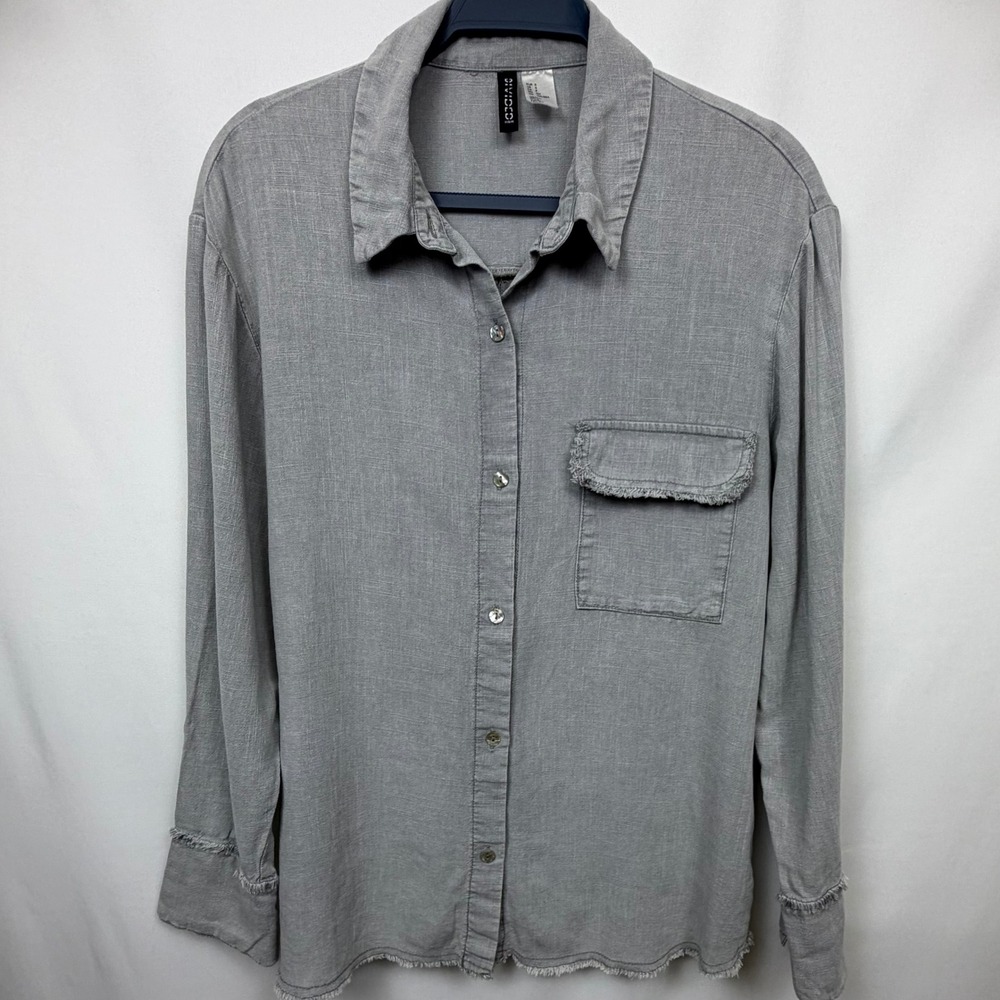 H&M Divided Grey Viscose Linen Blend Frayed Hem Button Down Shirt Small